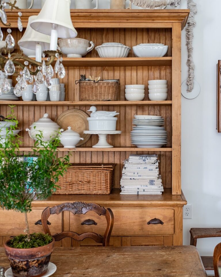 vintage hutch styling white dishes cottage decor