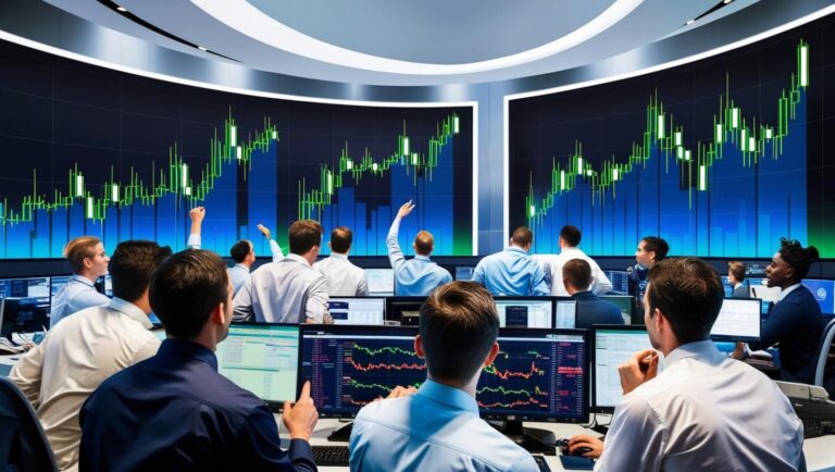 Image showing traders looking at large digital displays showing cryptocurrency prices rising1